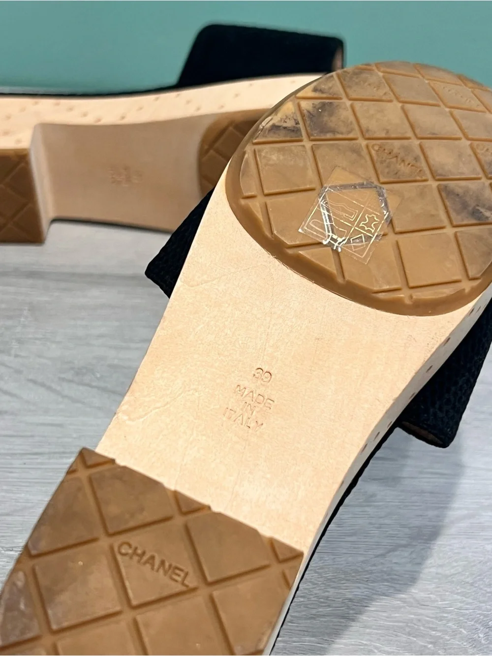 CHANEL Black Slide Mule with White CC Accent Wood Platform Clogs